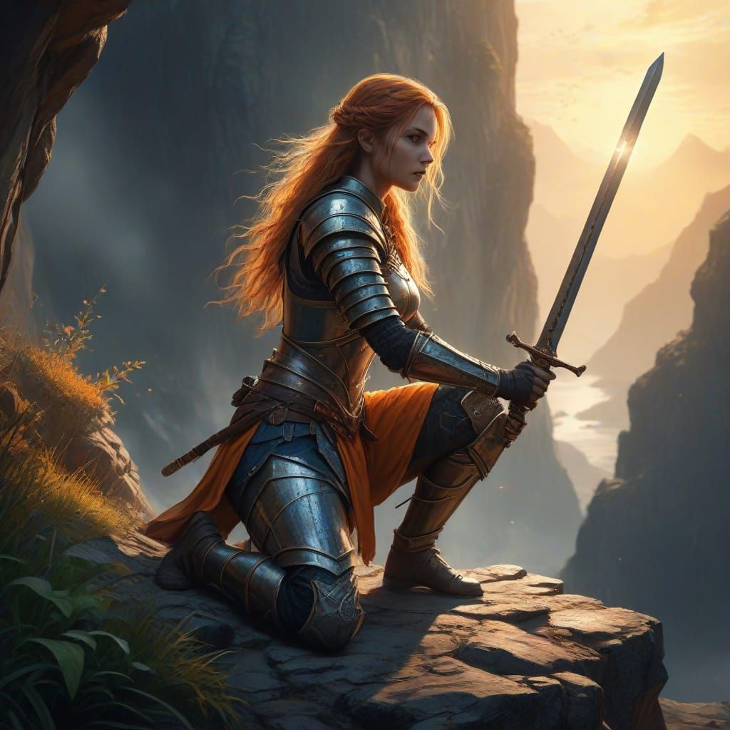 Warrior Woman Kneeling on Cliff in Oil Painting Style