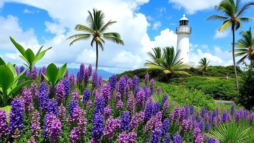 Surreal Hawaiian Lighthouse Amidst Jacaranda Blooms