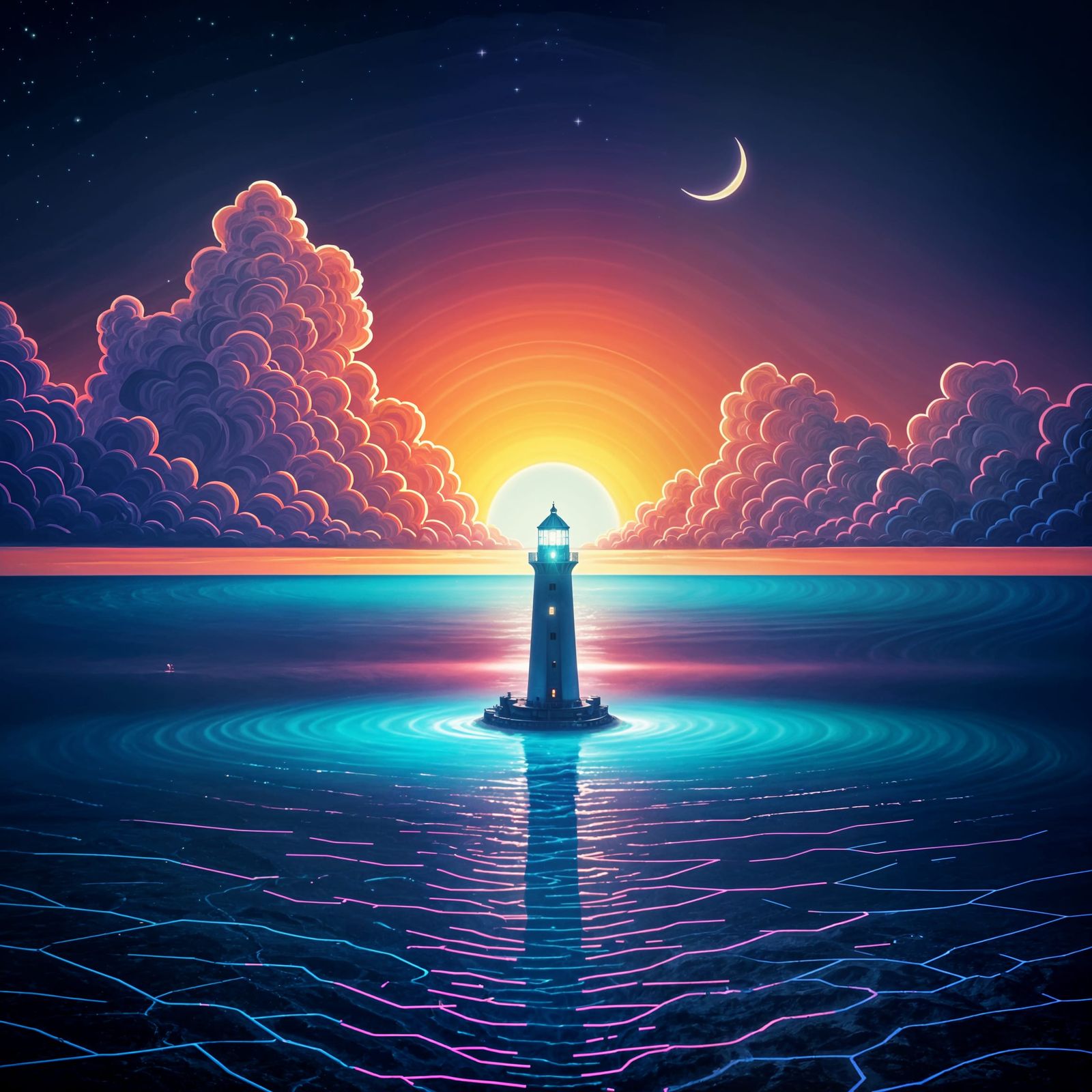 Tropical Island Lighthouse in Synthwave Neon Style