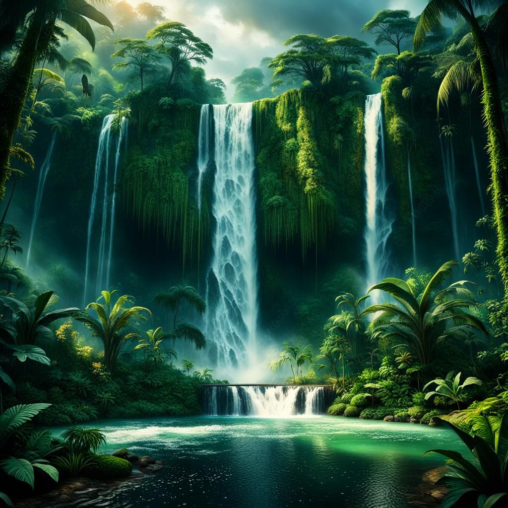 Lush Rainforest Waterfall: Wildlife in Dramatic Light