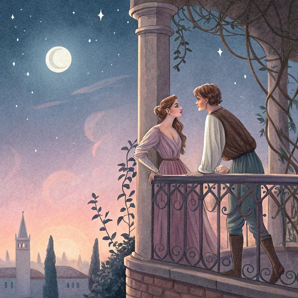 Romeo and Juliet Balcony Scene in Watercolor