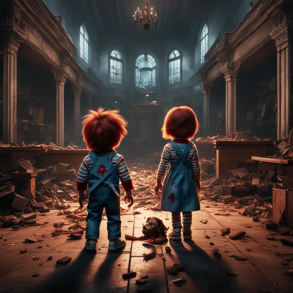 Chucky and Tiffany in a Fantastical Asylum