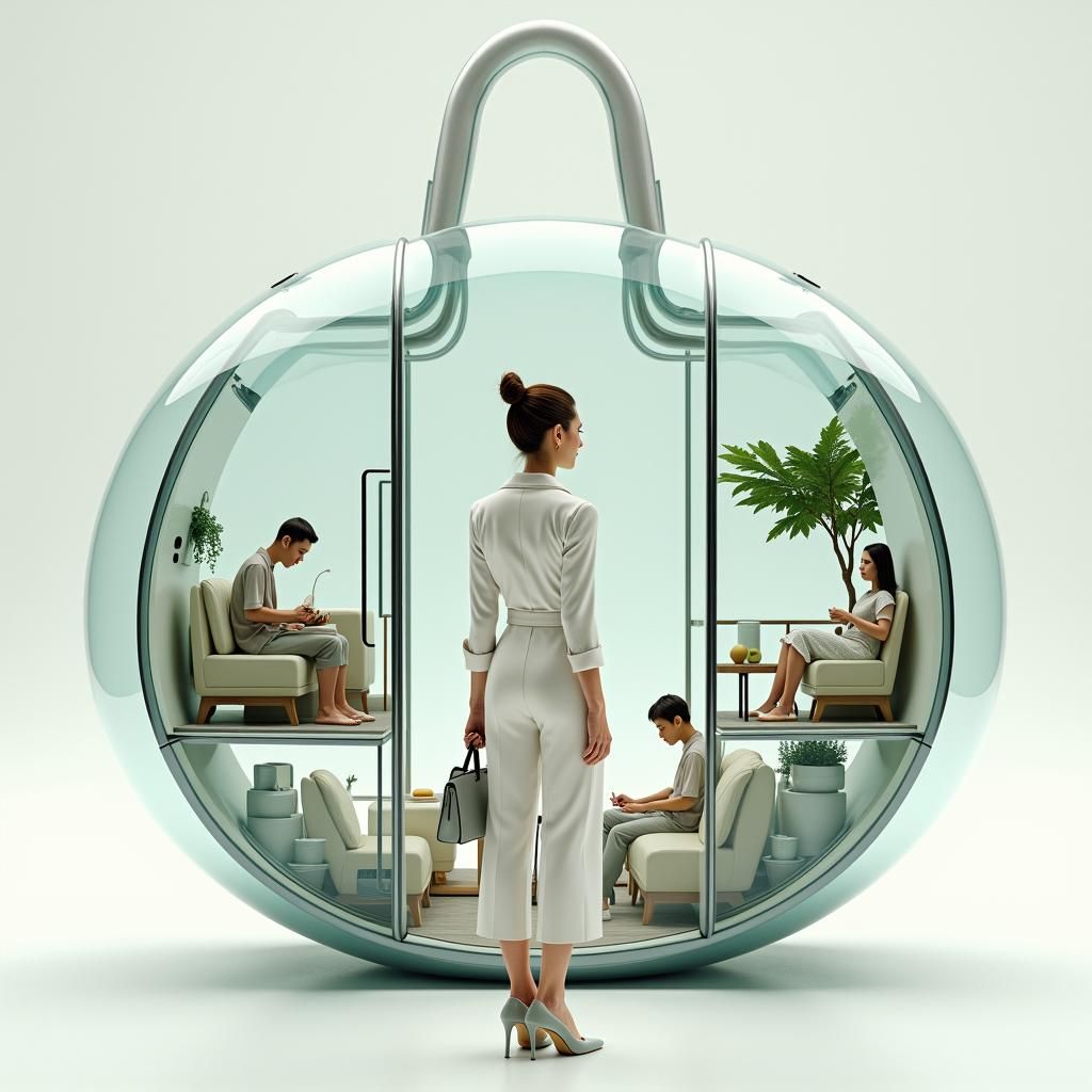 Woman Carries Bag with Miniature Pod Homes