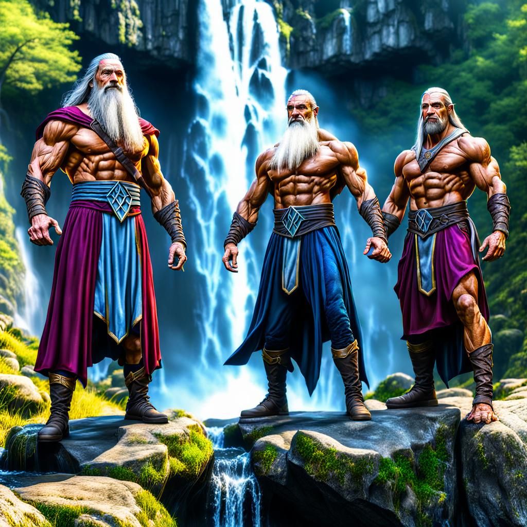 Fantasy Wizards in Forest with Waterfall