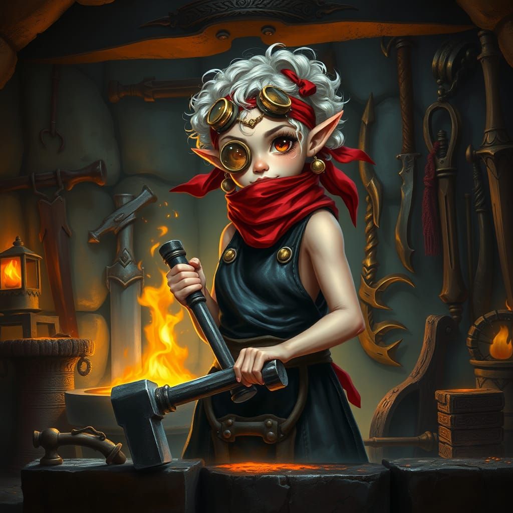 Elfin Blacksmith in Dim Forge, Fantasy Art Style