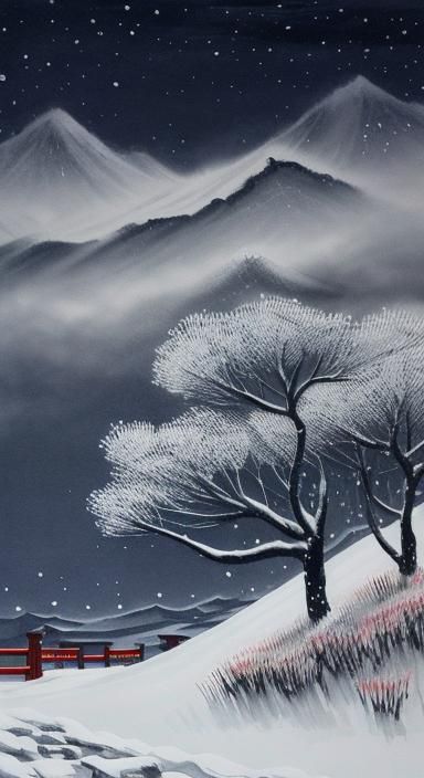 Night Landscape with Flowers in Chinese Ink Style