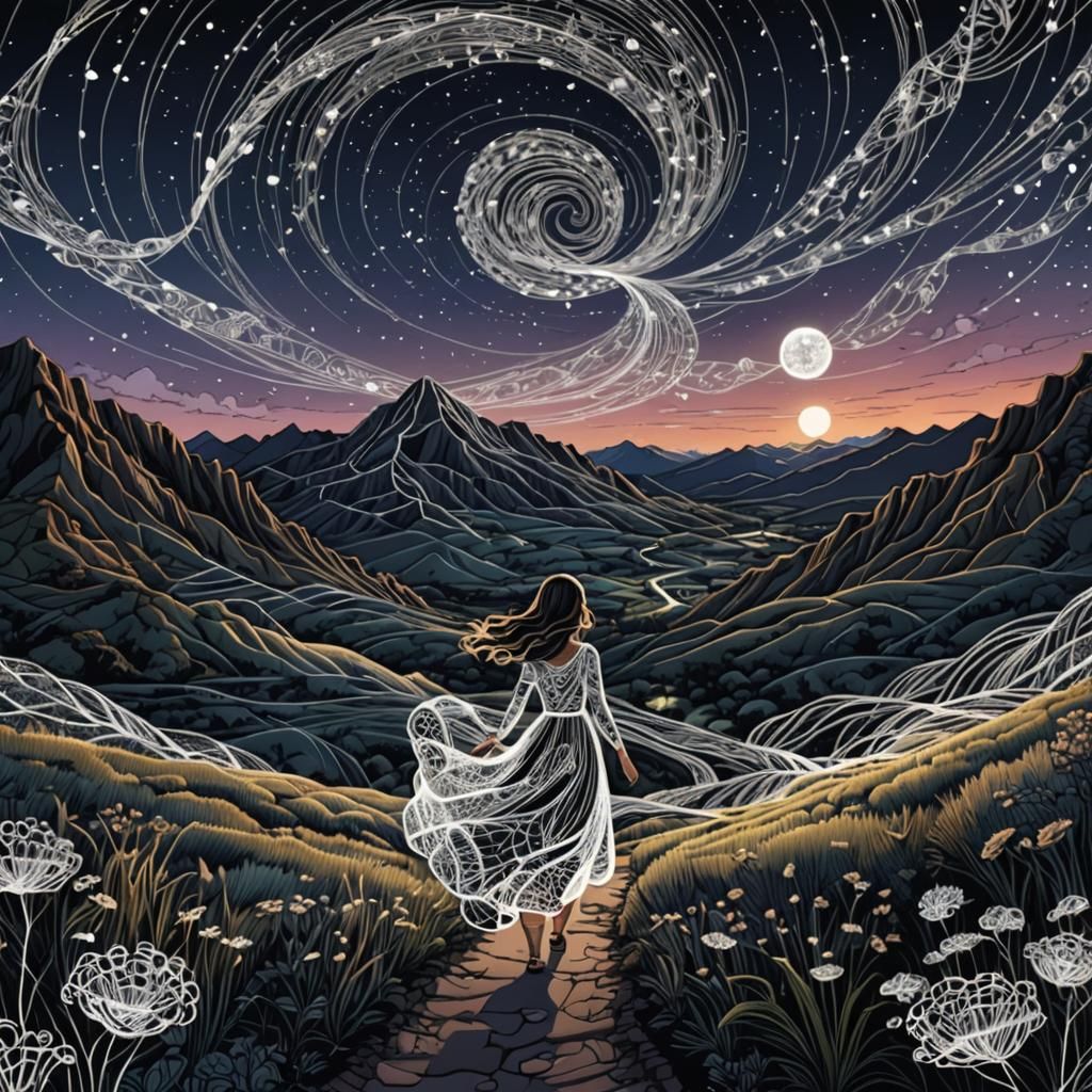 Girl Walks Through Fractal Valley: Zentangle Line Art