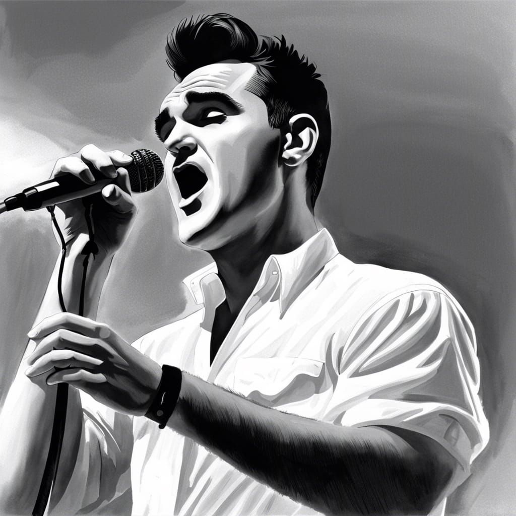 Young Morrissey Singing, Black and White Drawing