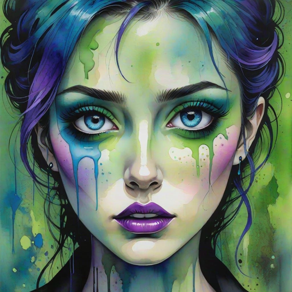 Gothic Pop Art Watercolor Portrait of a Young Woman with Vio...