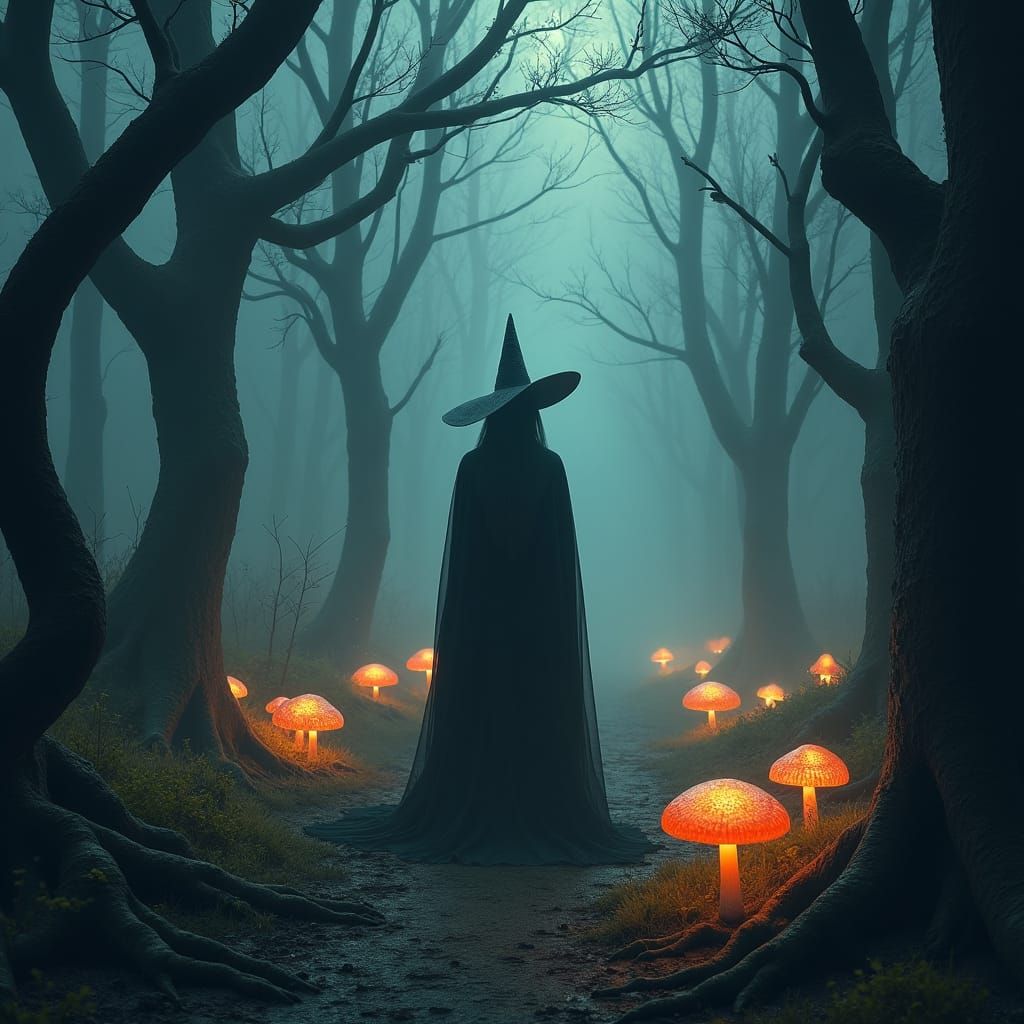 Dark Sorceress in Mystical Forest, Surreal Art