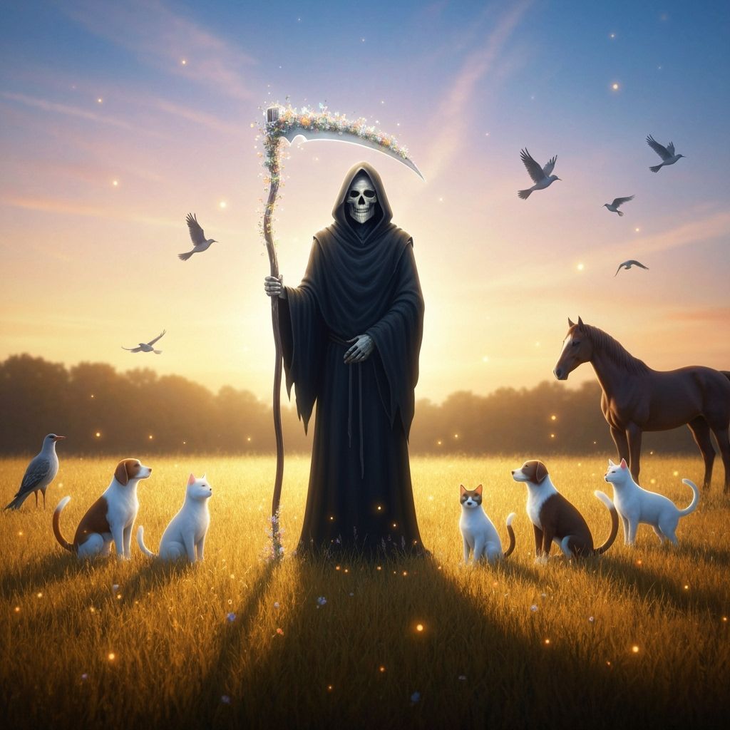 The Grim Reaper's Serene Meadow with Animal Spirits