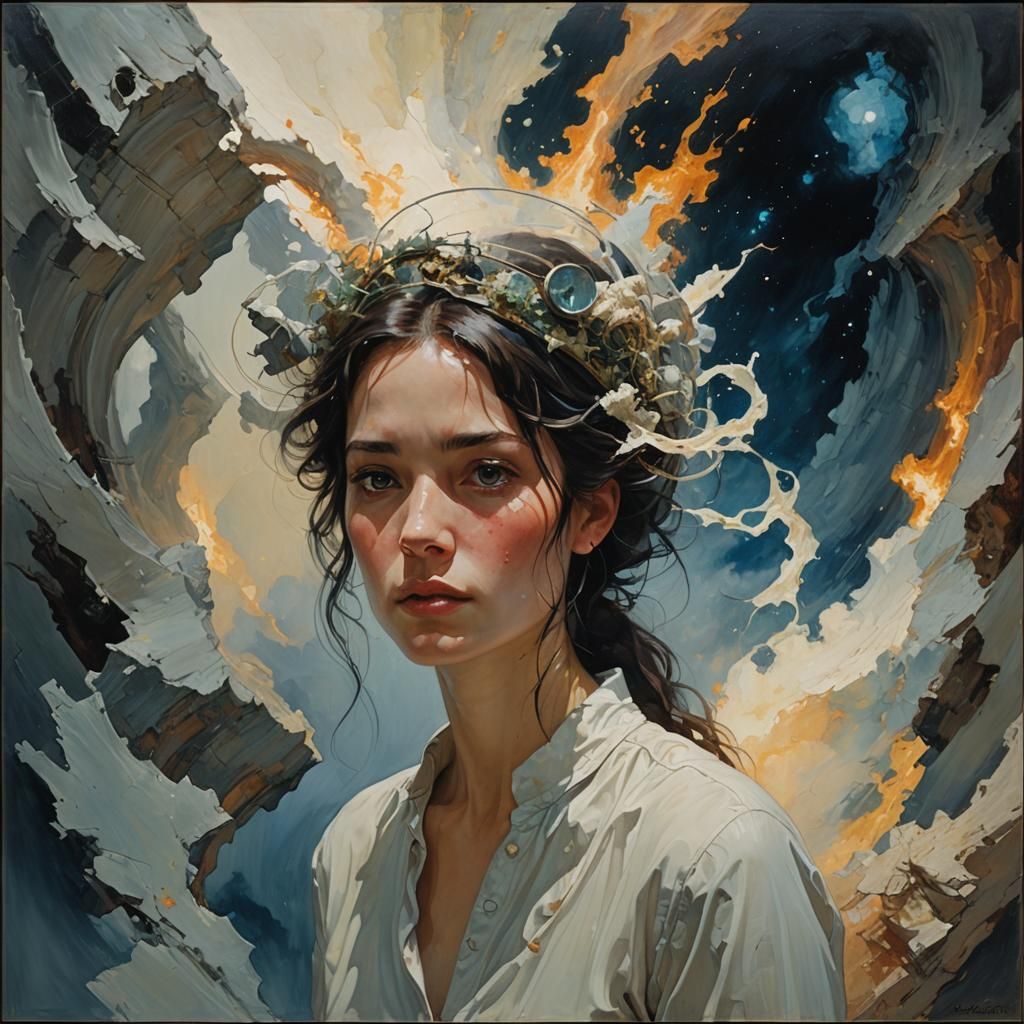 Ethereal Oil Painting: Woman and Shadow in Abyss