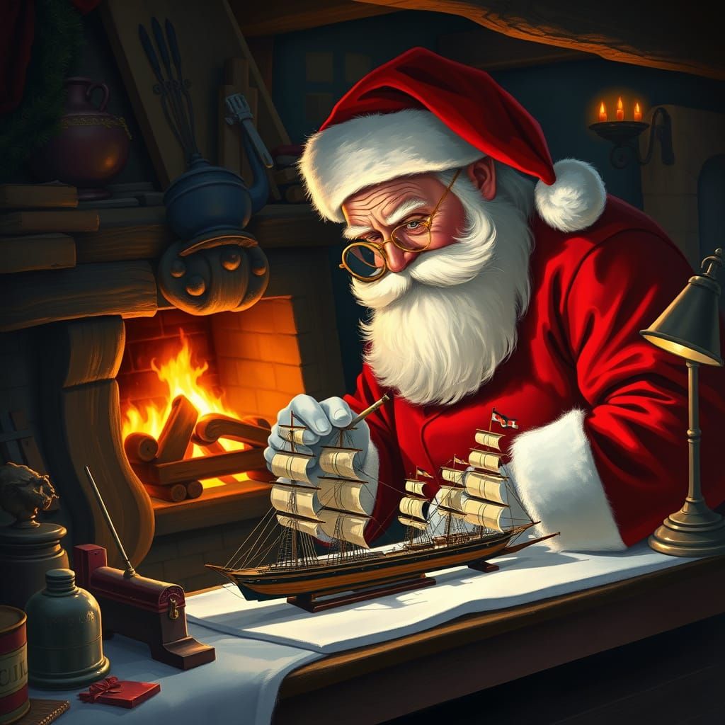 Santa Claus Building a Model Ship in His Workshop