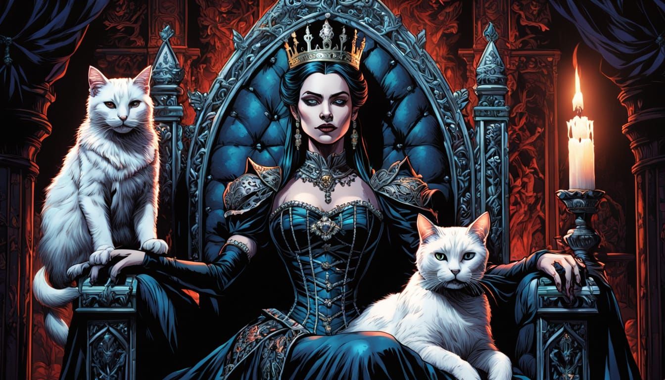 Gothic Queen with Cat in Dark Fantasy Comic Art