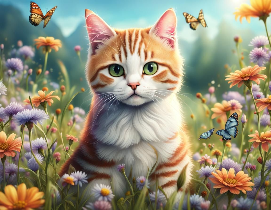 Cute Cat in Meadow: Naive Watercolor Art