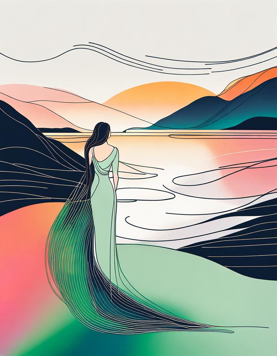 Japandi One Line Art: Sensual Woman and Northern Lights