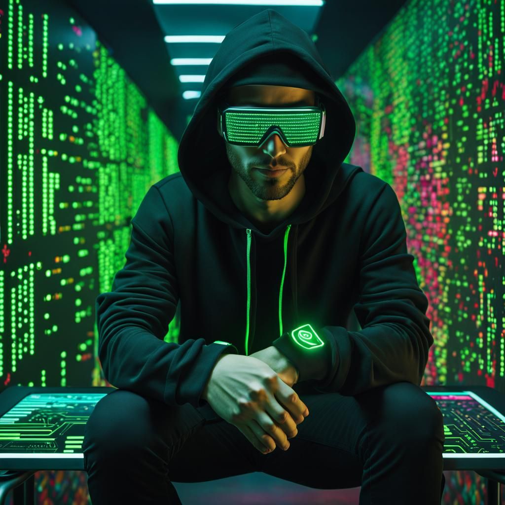 Smiling Hacker in Cyberpunk Lair with Binary Code