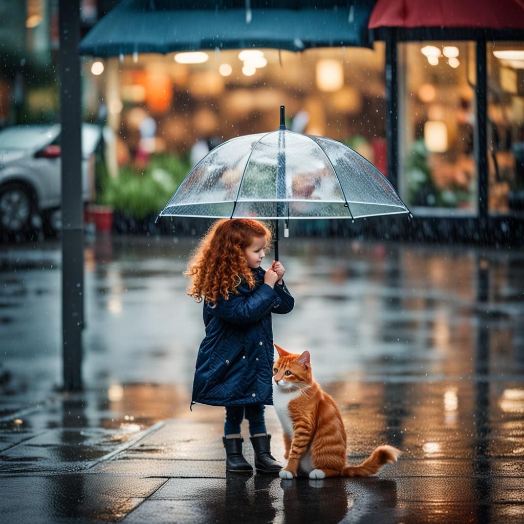 Girl and Calico Cat Share Umbrella on Rainy Day