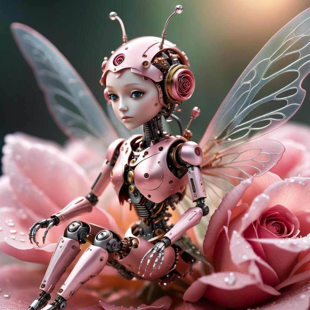 Robotic Fairy Resting on Rose Petal