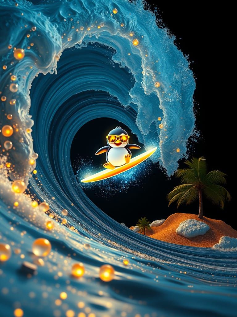Surreal Penguin Surfing Bioluminescent Waves