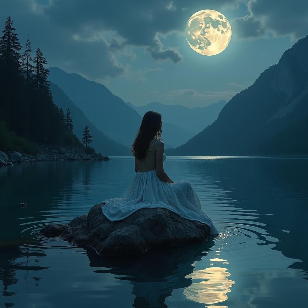 Blonde Woman Reflecting in Lake: Beksiński Style