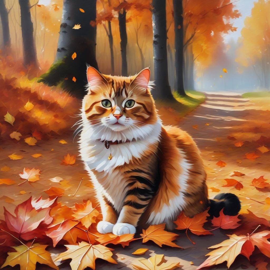 Autumn Cat in Forest Oil Painting