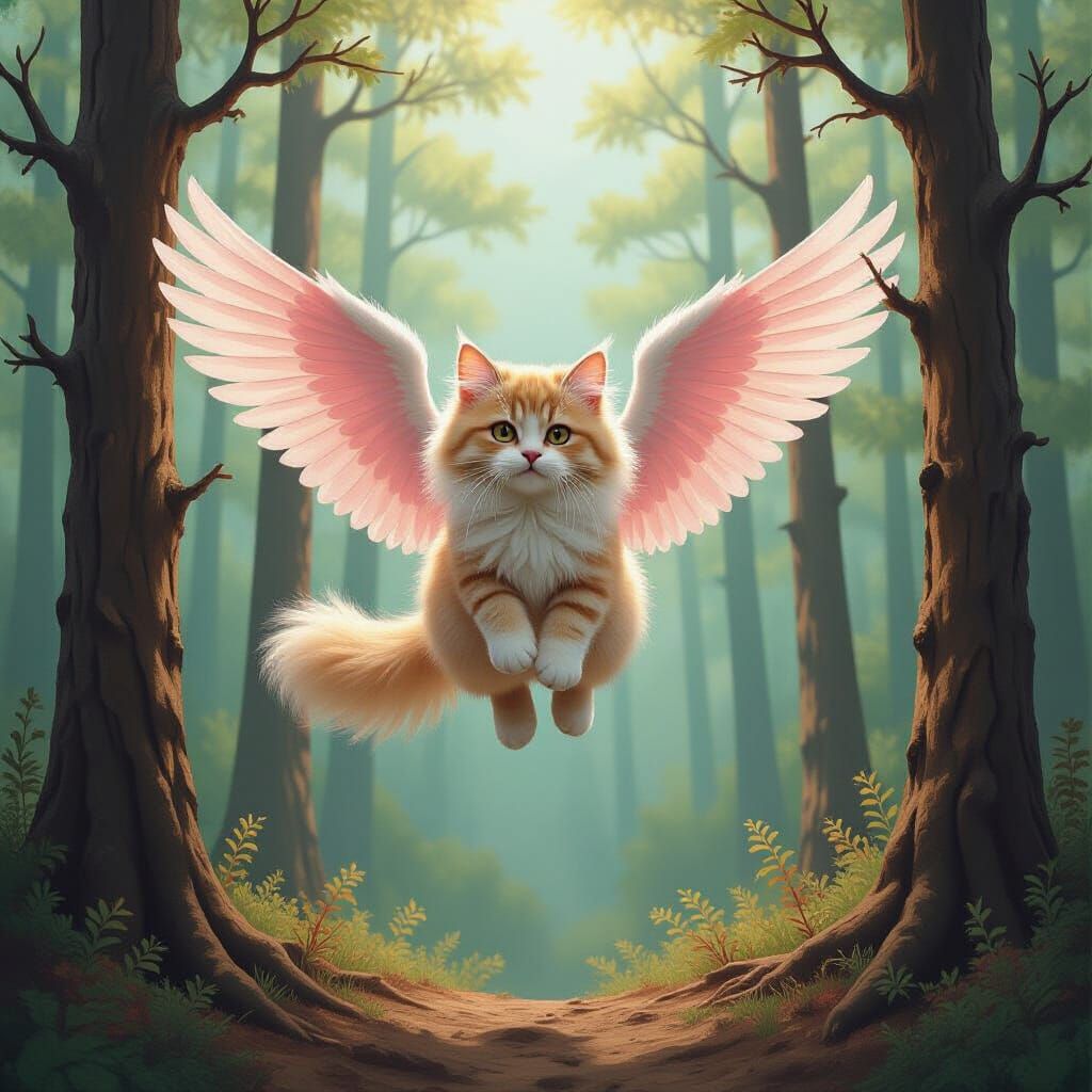 Fluffy Pink Cat With Wings Flies Through Surreal Forest