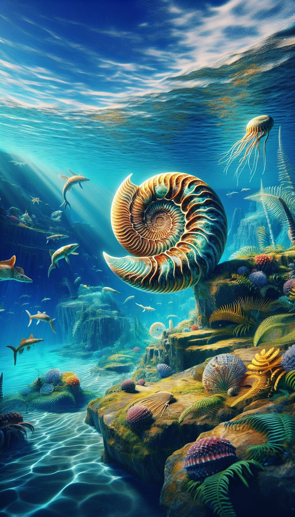 Ammonite Drifting Through Jurassic Ocean