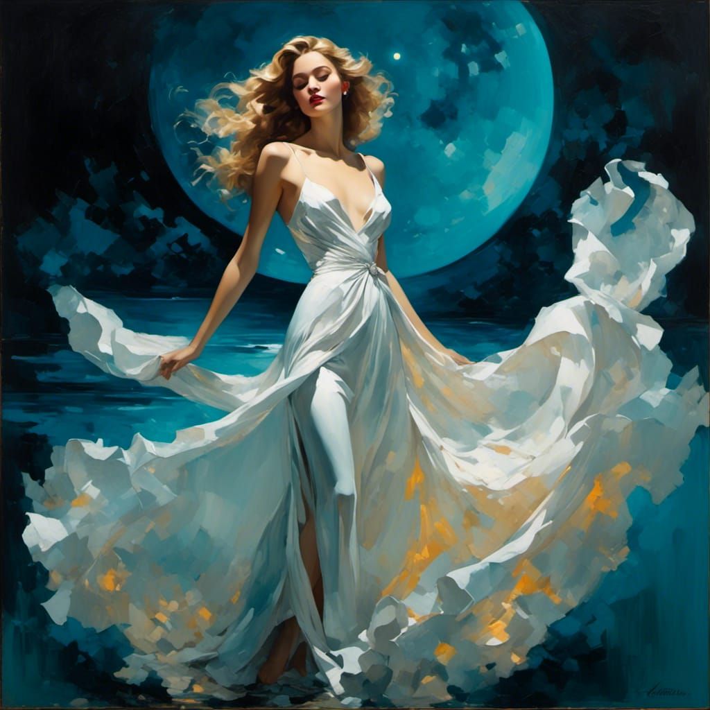 Woman in White Dress Under Cyan Moonlight