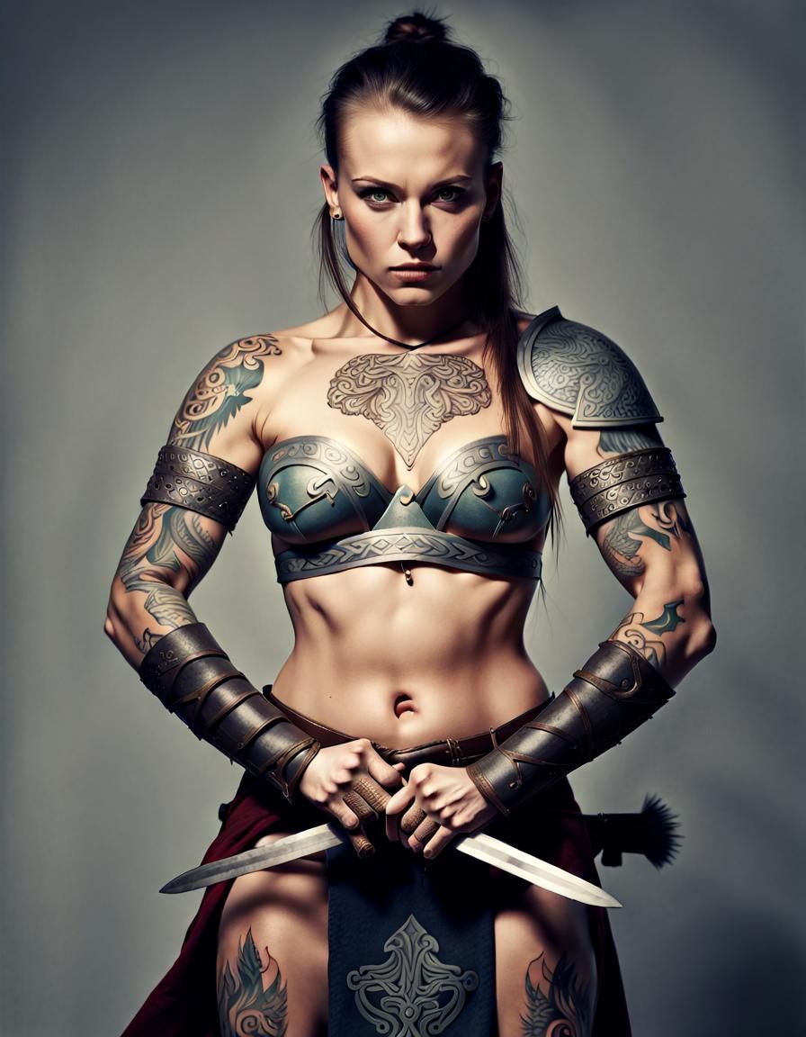 Viking Female Warrior with Sword and Tattoo