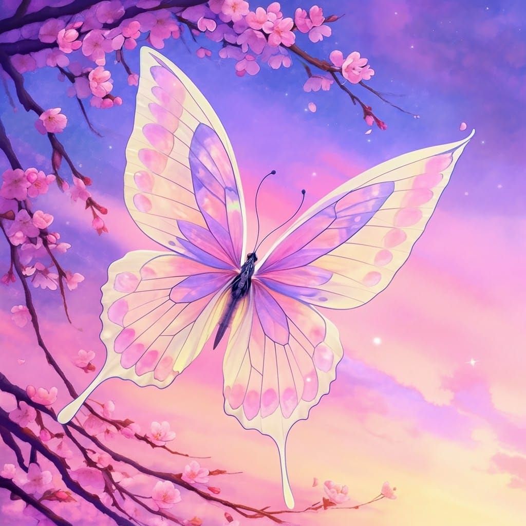Iridescent Butterfly Under Sakura Tree, Watercolor Style