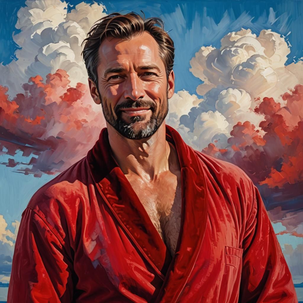 Neo-Expressionist Portrait: Man in Red Velvet Bathrobe
