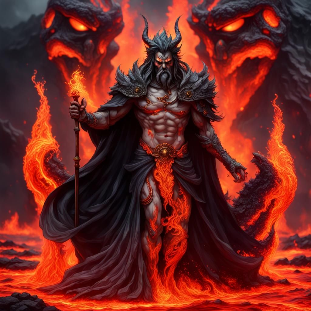 Hyperrealistic Hades Walks Over Lake of Lava