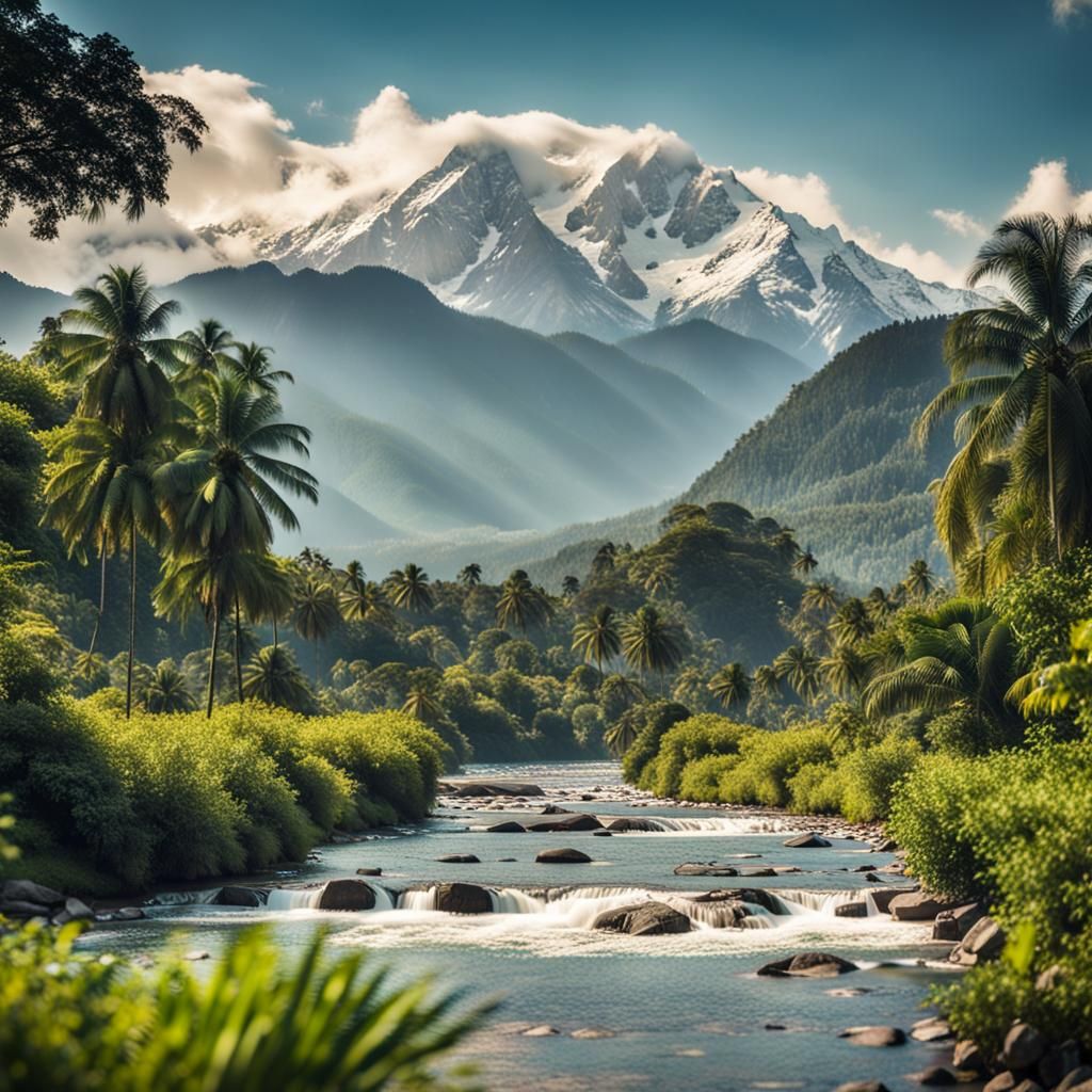 Tropical River Meets Snow-Capped Peaks