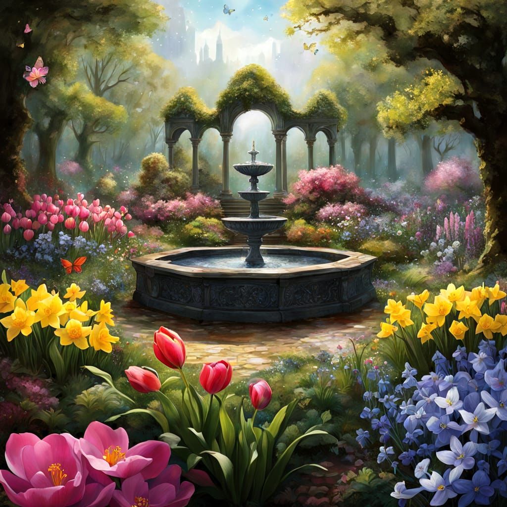 Whimsical Spring Garden with Fountain and Pergola