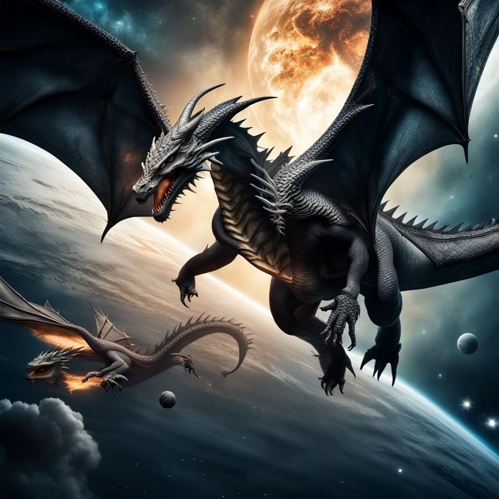 Dragons Flying Through Space in Hyperrealistic Style