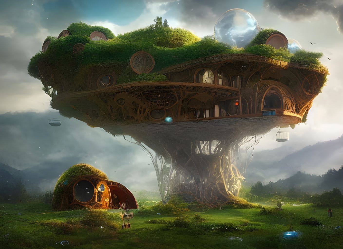 Anti-Gravity Hobbit Houses in a Lush Landscape