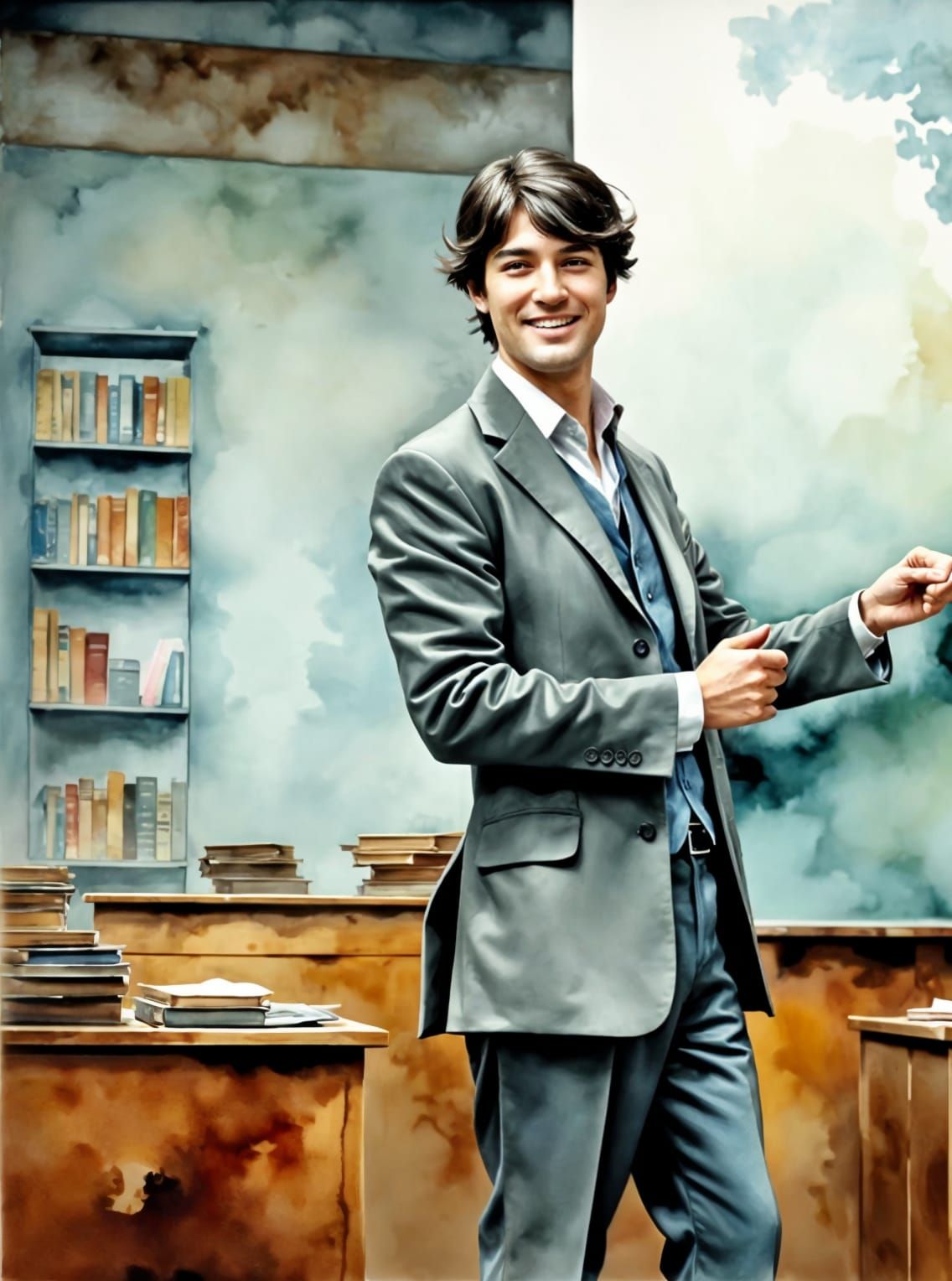 Young Professor Lectures with Passion in a Muted College Cla...