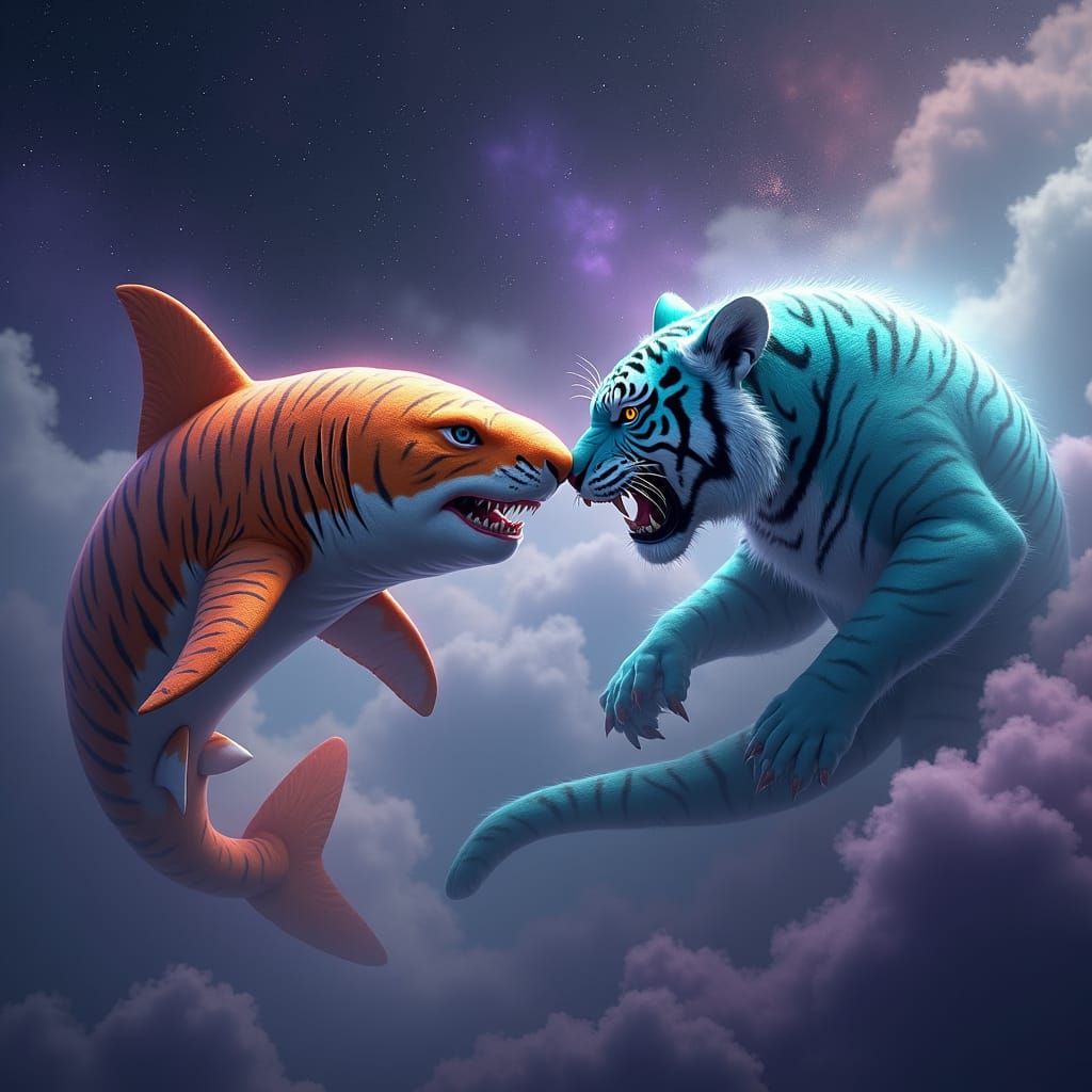 Shark-Tiger Hybrid Clash in Space, Digital Art