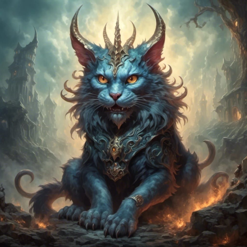 Ethereal Demon Cat Grinning in Misty Landscape