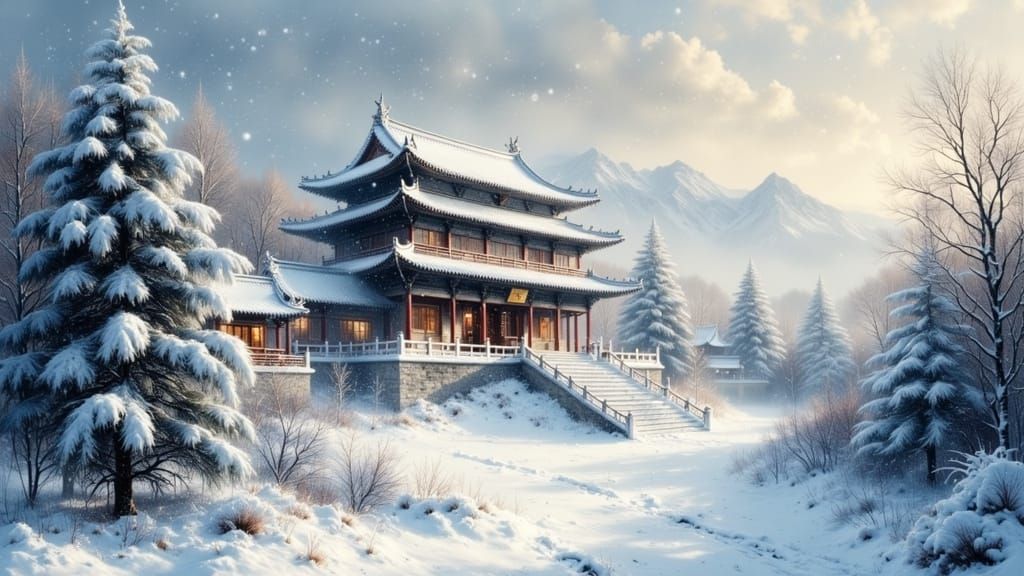 Majestic Chinese Temple in Snowfall, Ink Wash Style