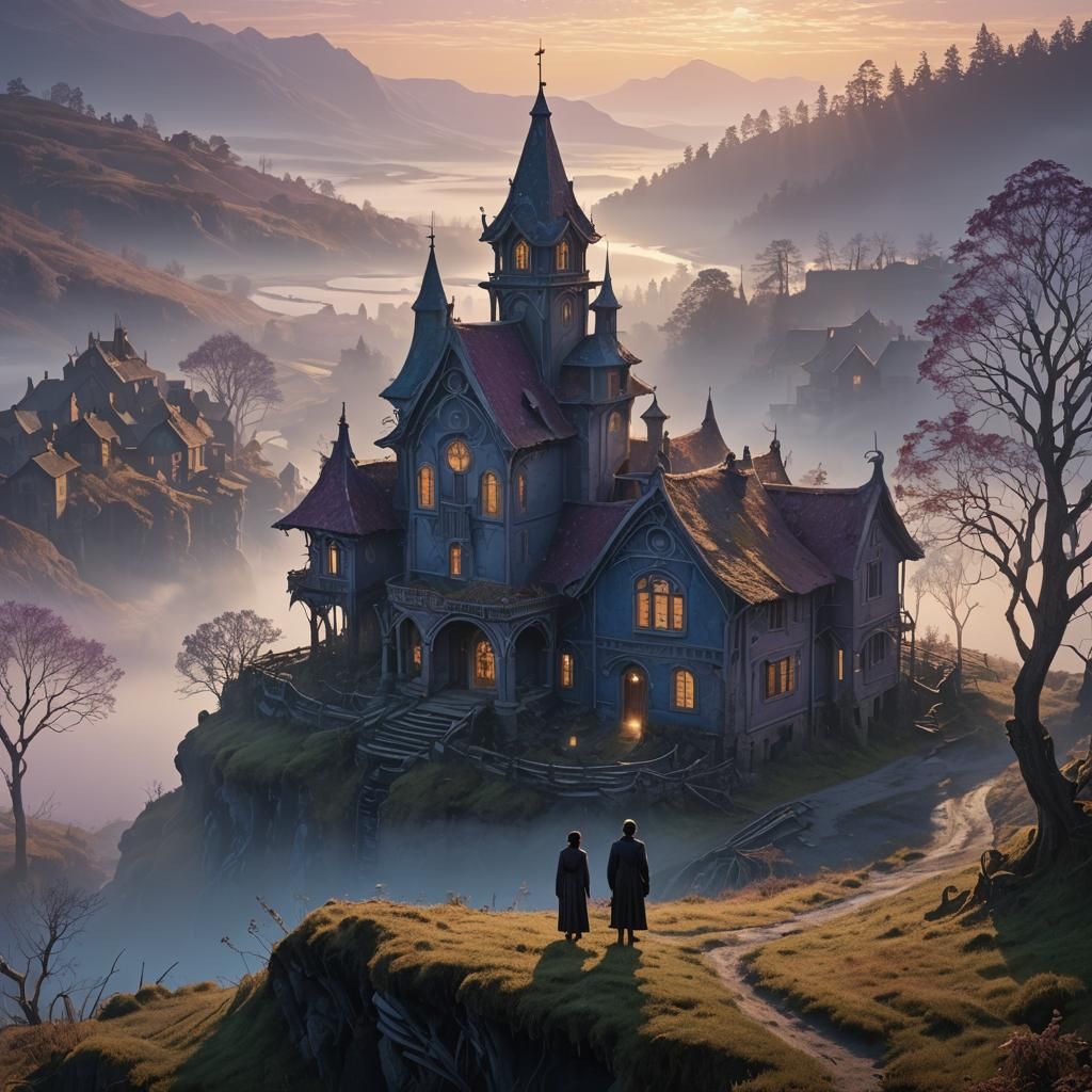 Ethereal Dawn in a Forgotten Village, Art Nouveau Fantasy Sc...