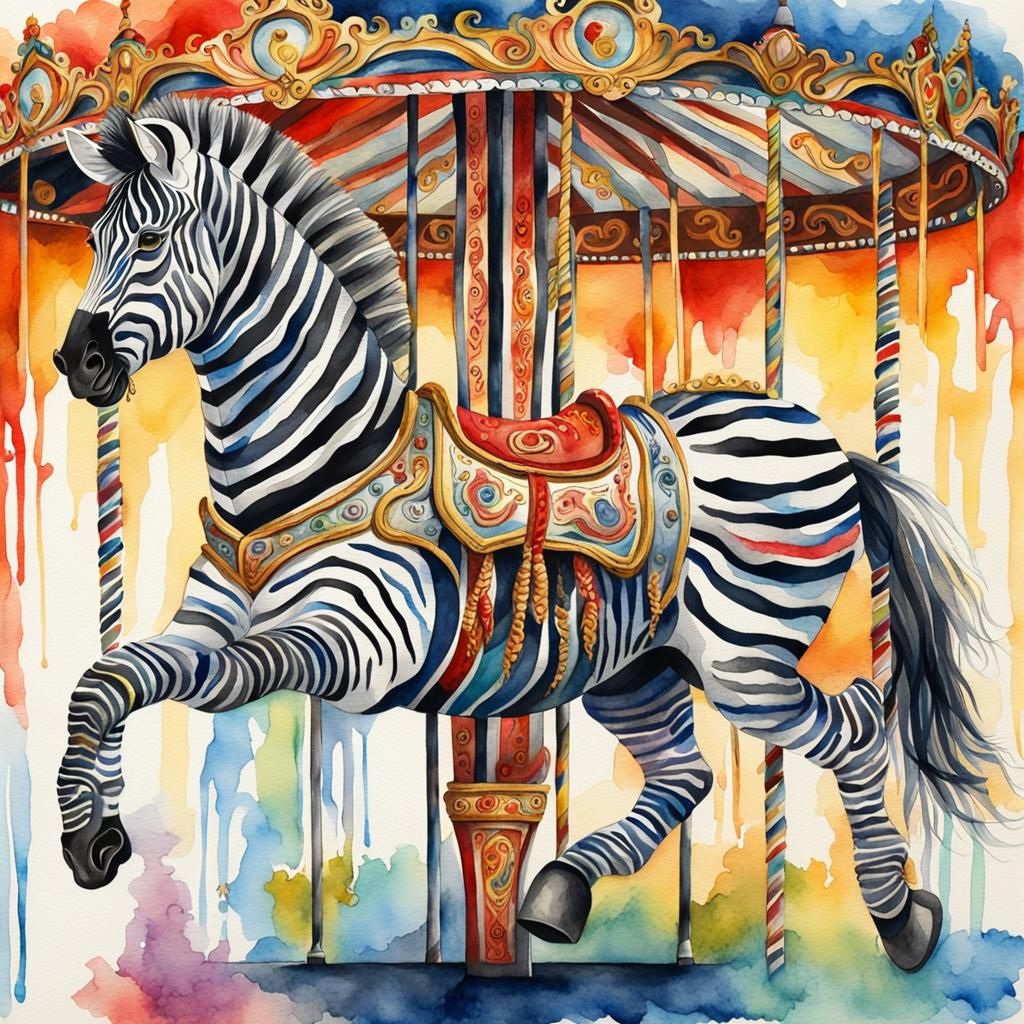 Ornate Carousel Zebra in Colorful Watercolor