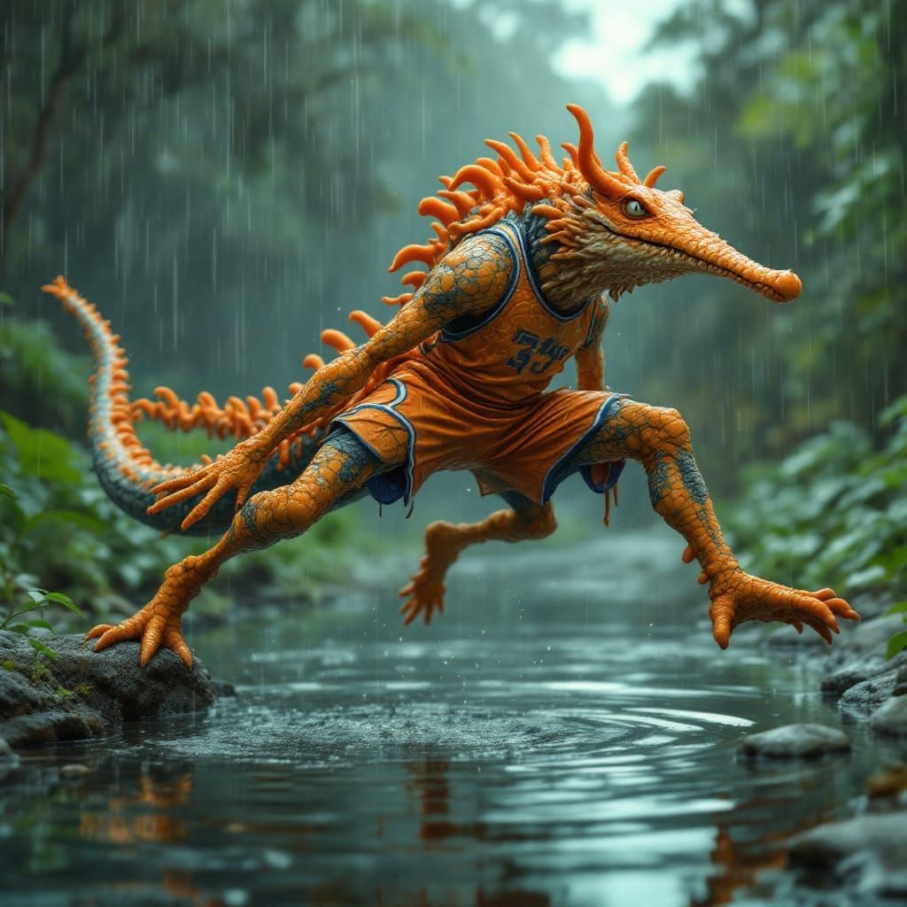 A slippery Tardywangler jumping over a creek. Crocodile lips, basketball dressing, amorphas oranges leveling platypus as...