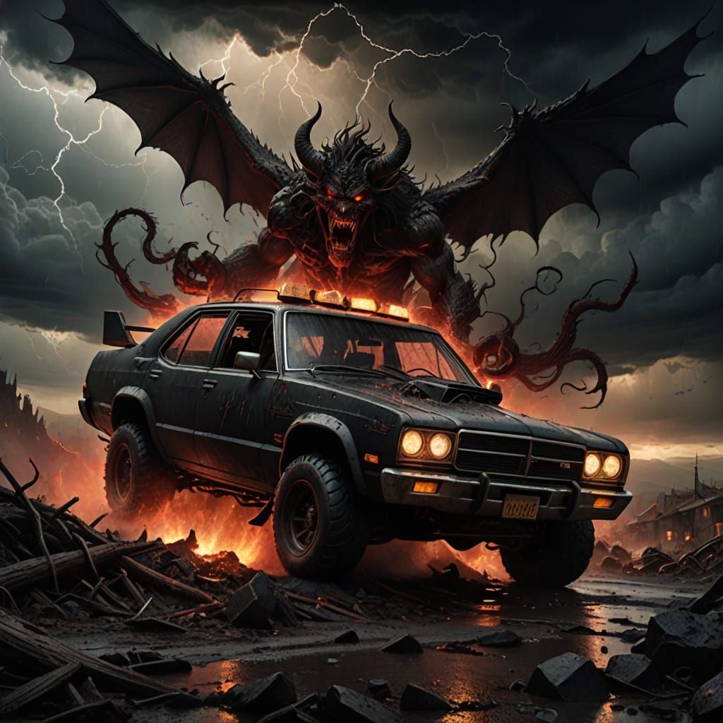 Dark Fantasy Car Charging into Twisted Tempest