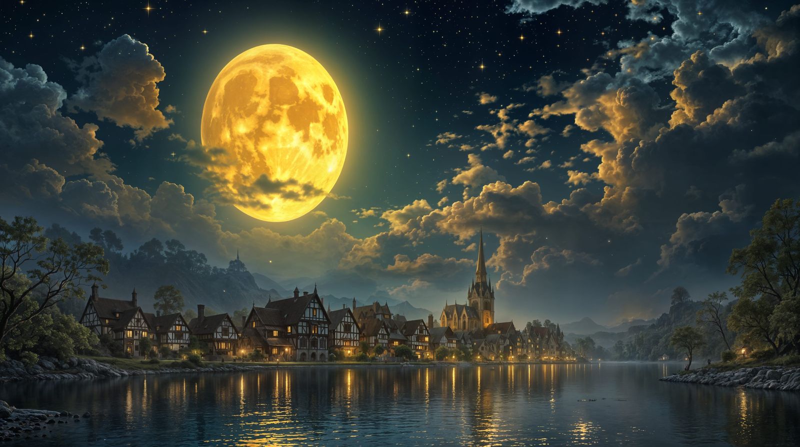 Golden Super Moon Illuminates Serene Lakeside Village