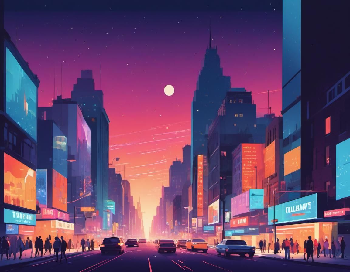 Busy City Street at Night in Retro Vector Art