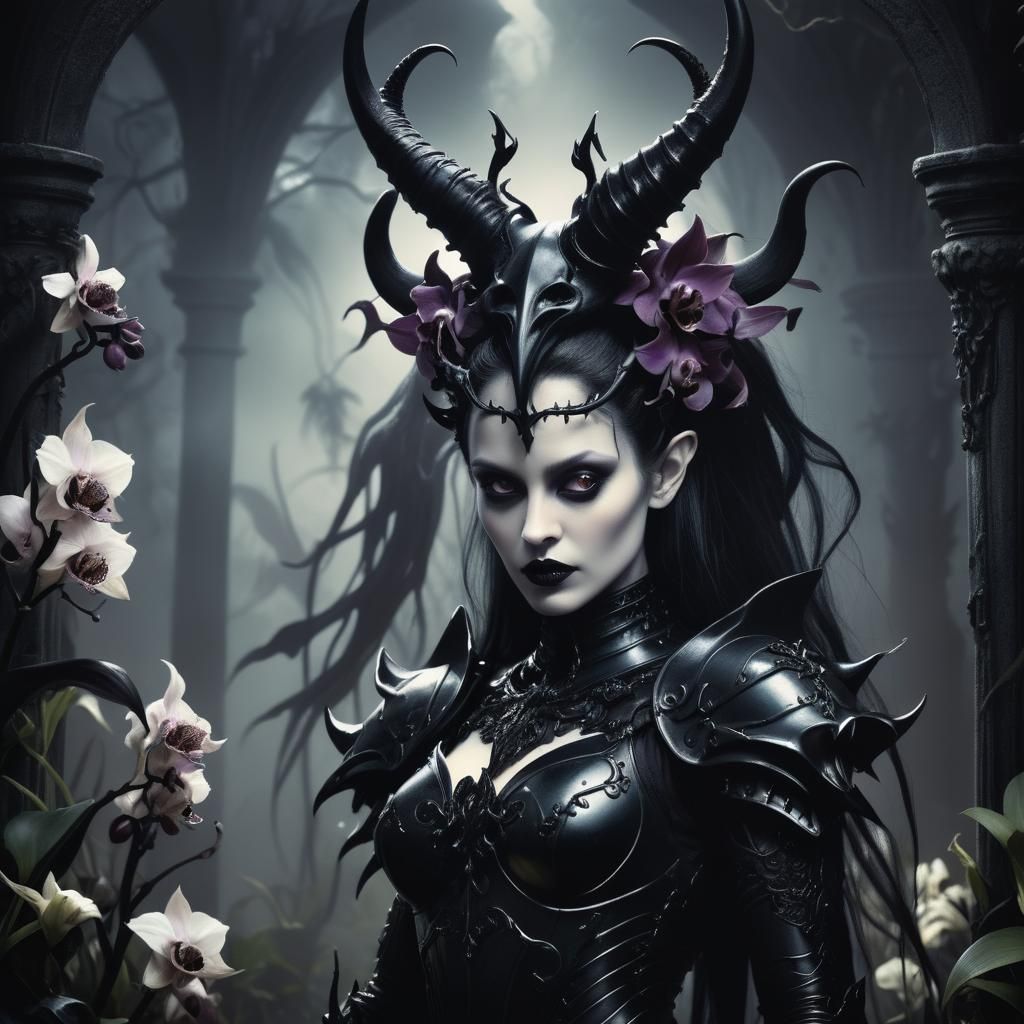 Gothic Fae Knight with Orchids: Dark Fantasy Art