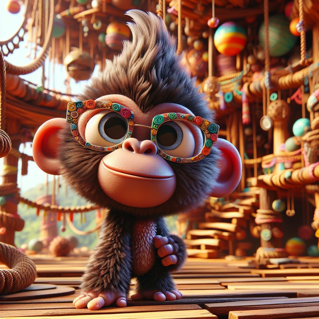 A Disney Pixar style 3D digital illustration of an adorable baby gorilla making funny faces. He is wearing funky sunglas...