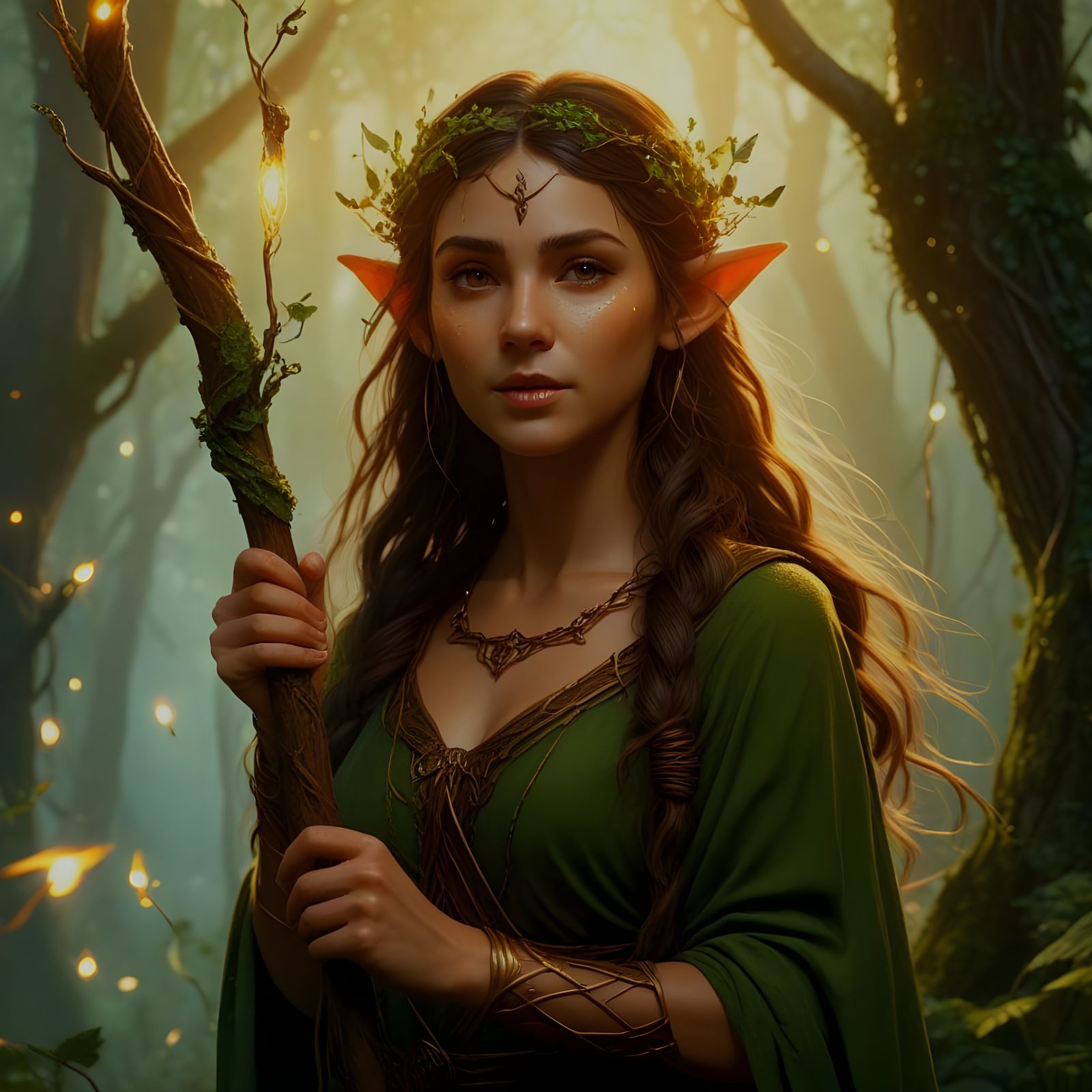 Wood Elf Druidess Surrounded by Nature's Magic